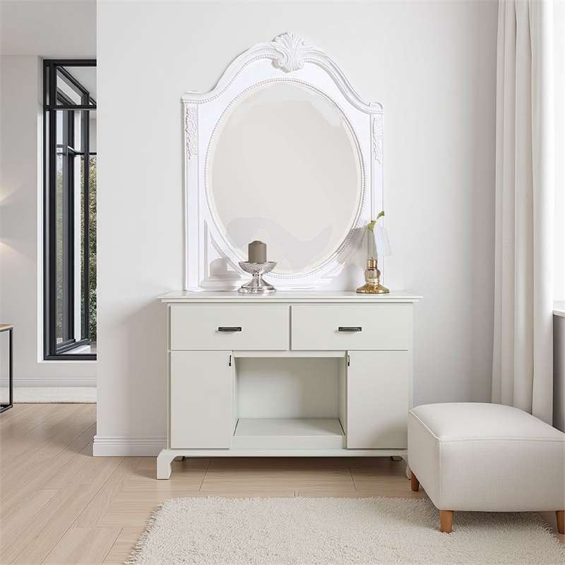 Aleci Dresser Mirror-42 Inch Carved Frame-Classic White Solid Wood