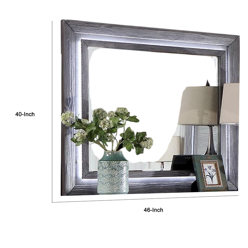 Reno Dresser Mirror-White LED Lights-46 Inch Gray Solid Wood Frame