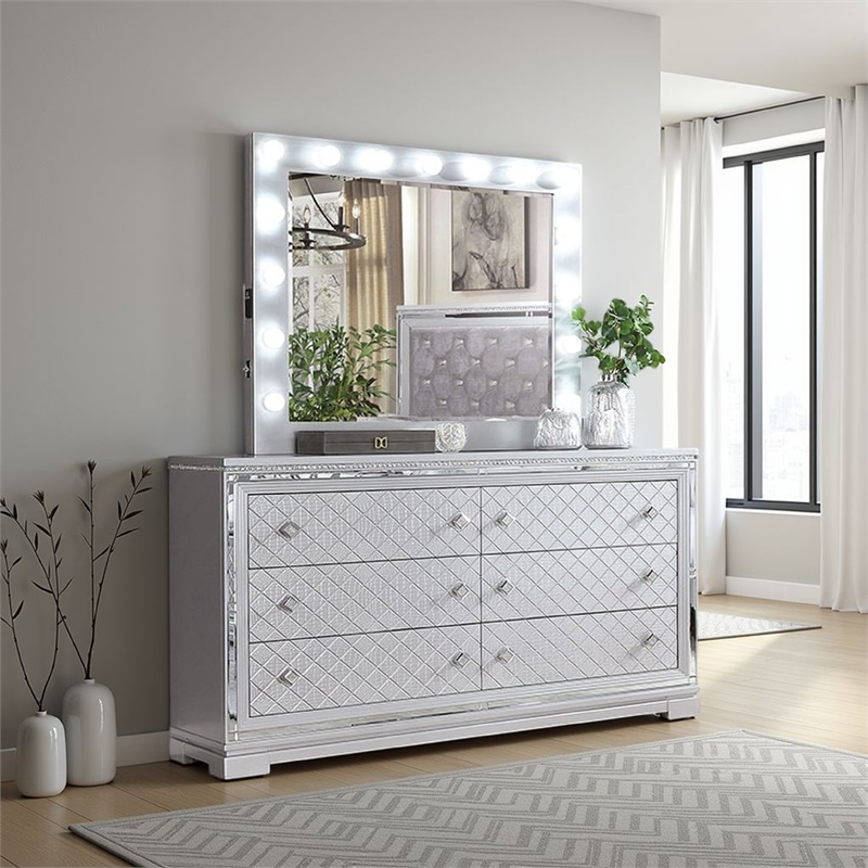 Fery Dresser Mirror w Light Bulbs-USB and Power-Glam Silver 44 Inch