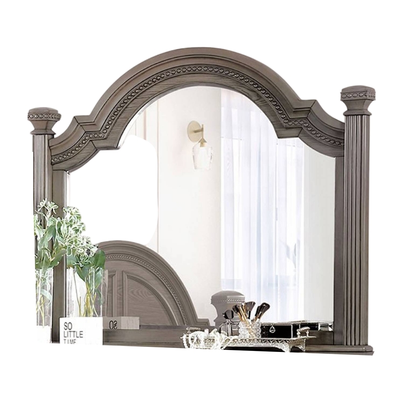 Akia Dresser Vanity Mirror-Reeded Posts-49 Inch Gray Bell Top Frame