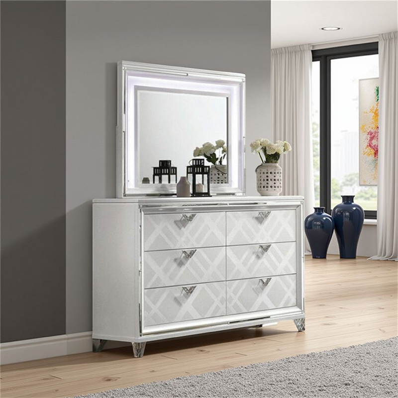 Lin Dresser Mirror with LED Lights-47 Inch White Solid Wood Frame