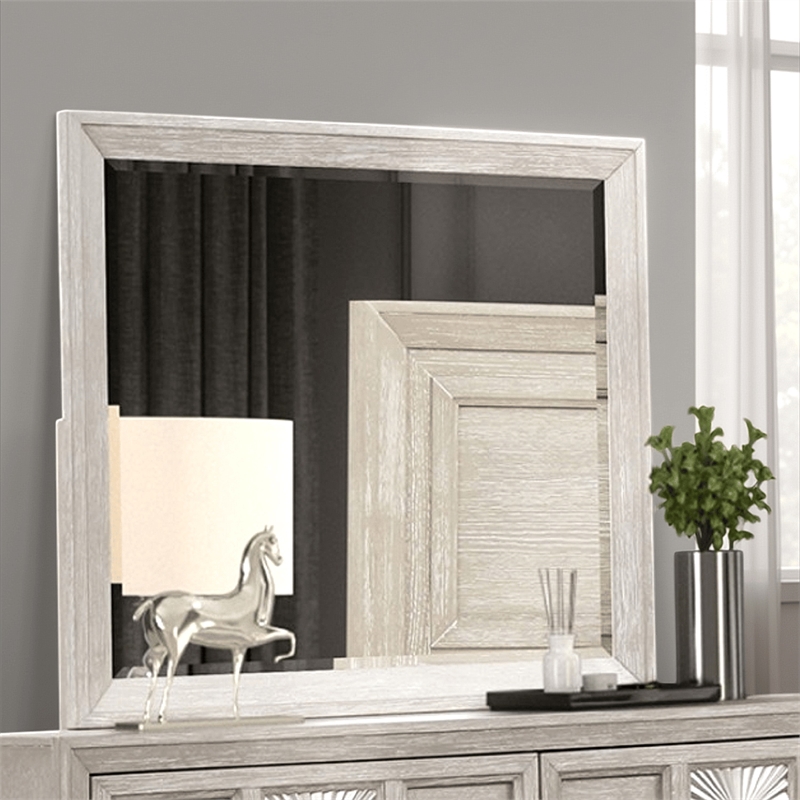 Diaz Dresser Mirror with Beveled Design-Light Gray Wood Frame 38x44