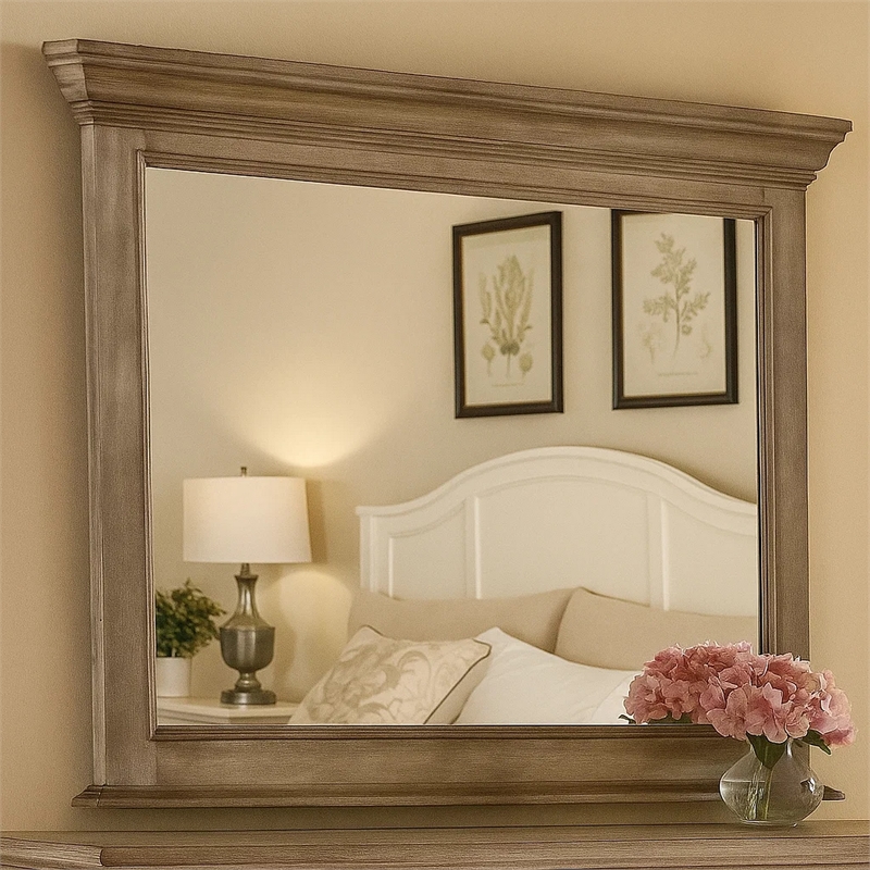 Zea Vanity Dresser Mirror-Elegant Crown Moldings in Aged Oak Brown