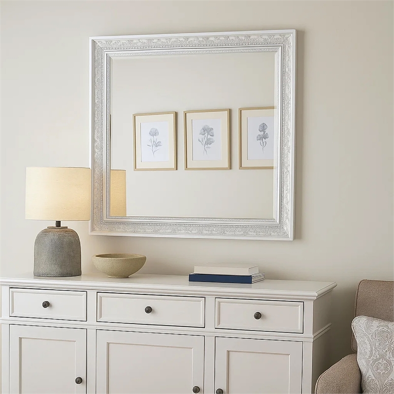 Miamy Dresser Mirror-44 Inch Cream White Wood Frame-Bevelled Edge