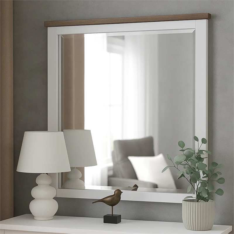 Tela Dresser Mirror-White Pinewood Frame-Dark Brown Top-36 Inch