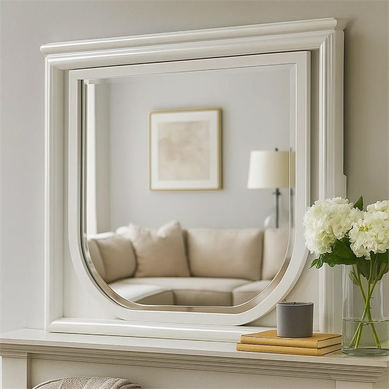 Dima Dresser Mirror-38 Inch-White Rubberwood-Embossed Panels w LED