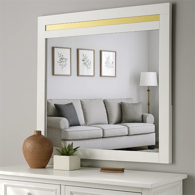 Yoki 41 Inch Dresser Mirror-Modern Glam White with Gold Acrylic Accents