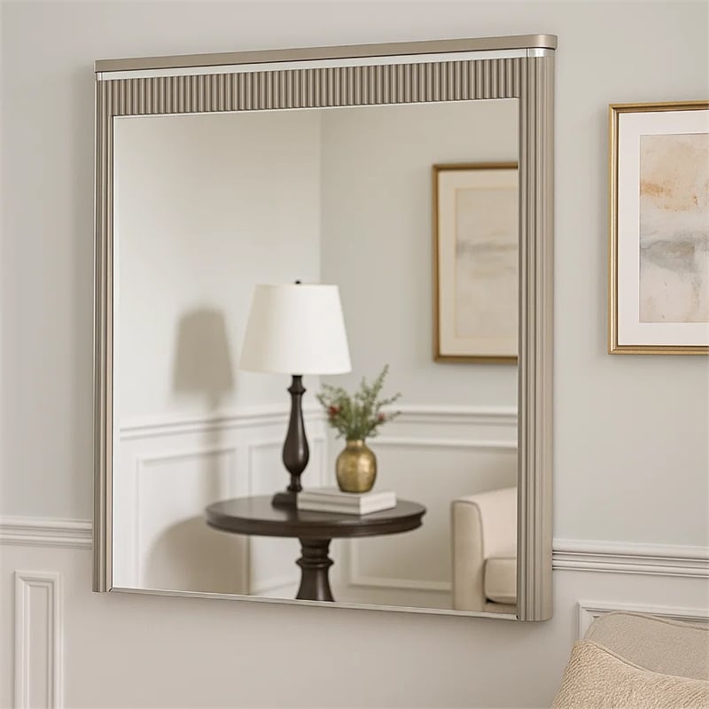 Gema Dresser Mirror-38 Inch Light Gray Wood-Reeded Design-Silver Accents
