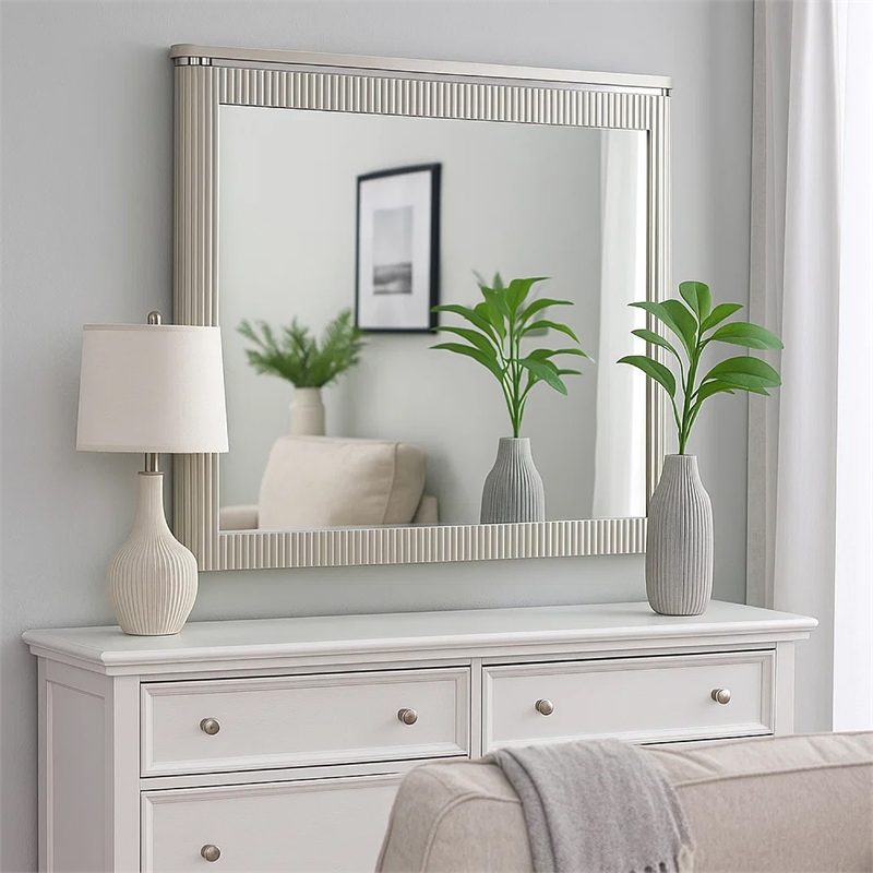 Alda Dresser Mirror-Rectangular Gray Reeded Wood-Silver Trim-38x40