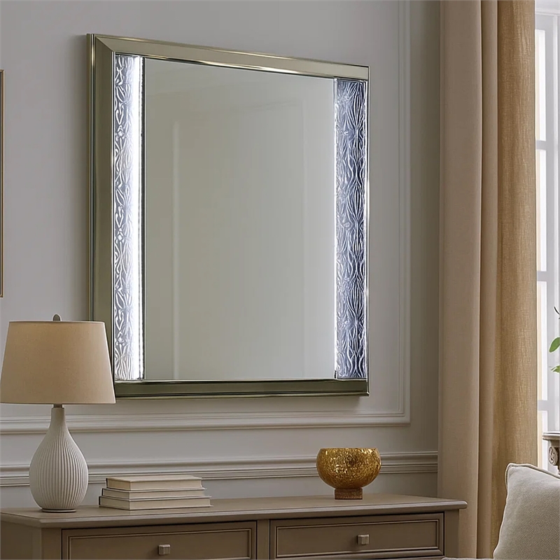 Levi Dresser Mirror-38 Inch-Leaf Pattern Molding w LED-Dark Gray Wood