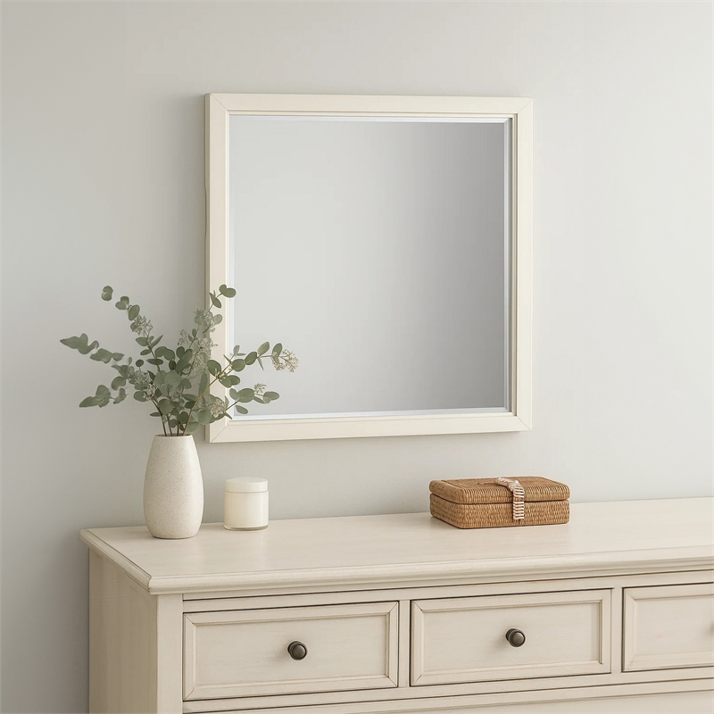 Toi Dresser Mirror-Beveled Glass-Antique White Finished Solid Wood-38 Inch