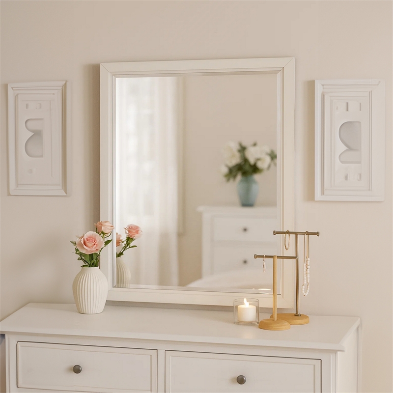 Toi Dresser Mirror-Beveled Glass-Antique White Finished Solid Wood-38 Inch