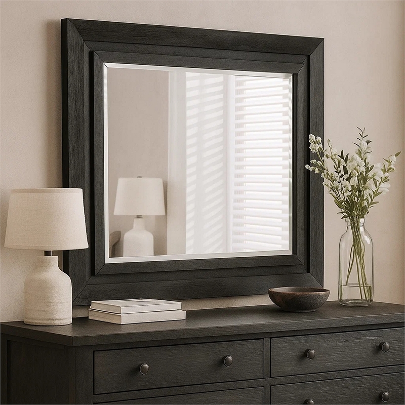 Ashen Dresser Mirror-Black Solid Wood-Rectangular Silhouette-40x46