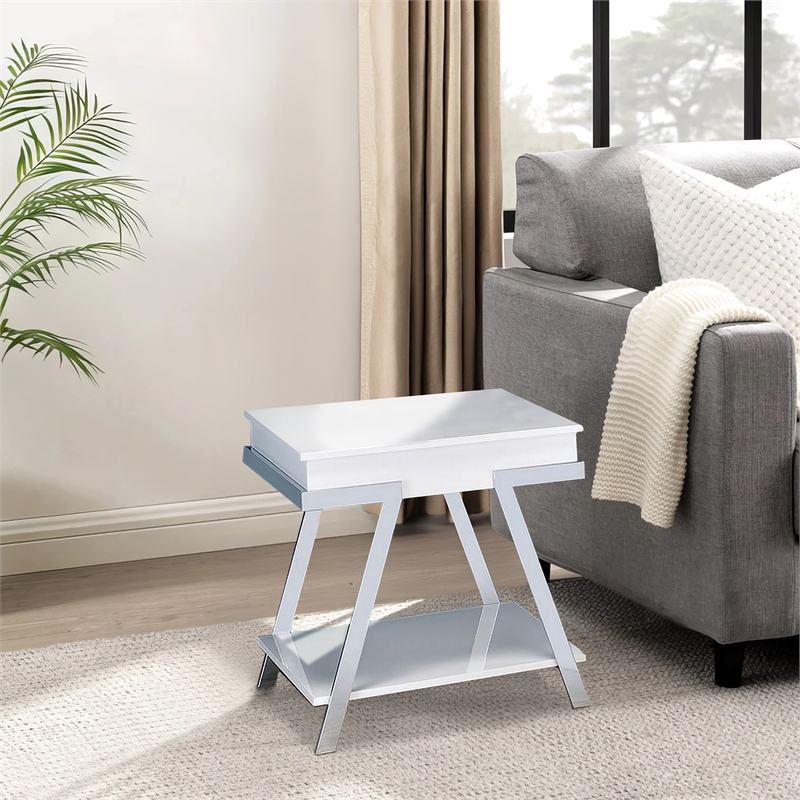 Tius 26 Inch Side End Table-Open Shelf-Chrome-High Gloss White Finish