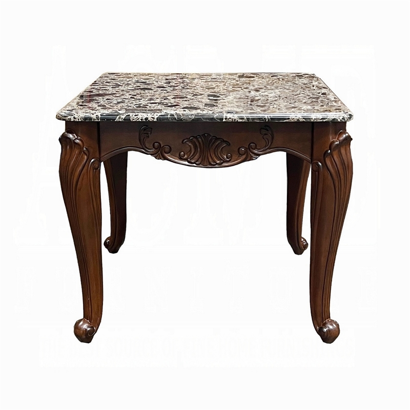 Aliya Side End Table-Rectangular 28 Inch Marble-Cherry Brown Wood