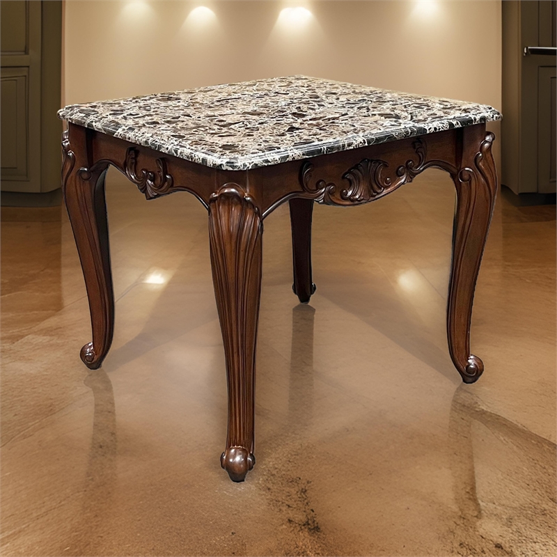 Aliya Side End Table-Rectangular 28 Inch Marble-Cherry Brown Wood