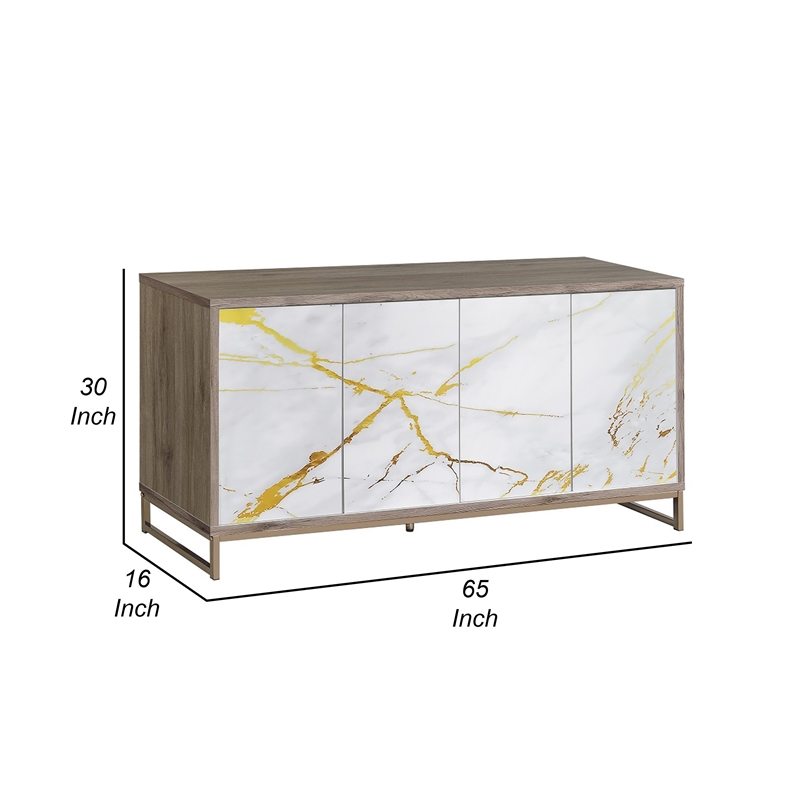 Avia Sideboard Console Cabinet-White Marble Look 4 Door Brown 65 Inch