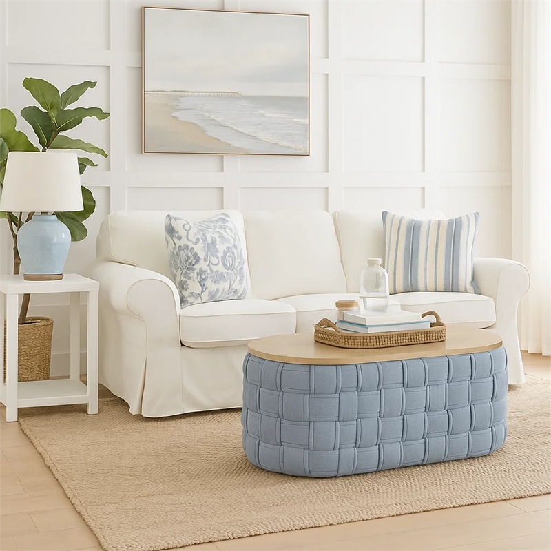 Reah Coffee Table-Knitted Light Blue Chenille-Brown Wood-41 Inch