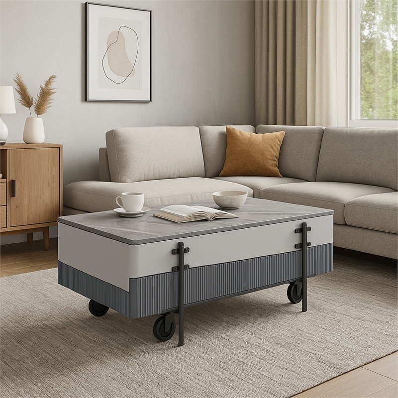 Mindy Coffee Table with Lift Top-3 Compartments-White Gray 47 Inch