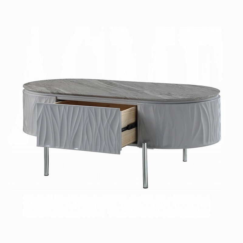 Doug Coffee Table-Gray High Gloss-Chrome Metal-Gray Wood-47 Inch