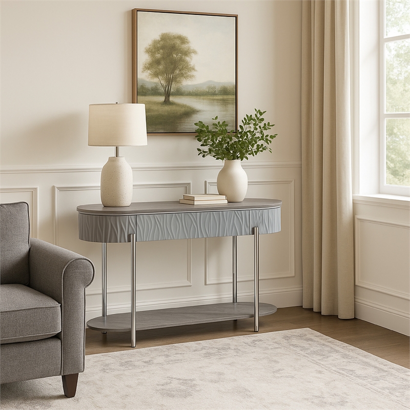 Doug Sofa Table-Gray High Gloss Wood-Drawers-Chrome Metal-47 Inch