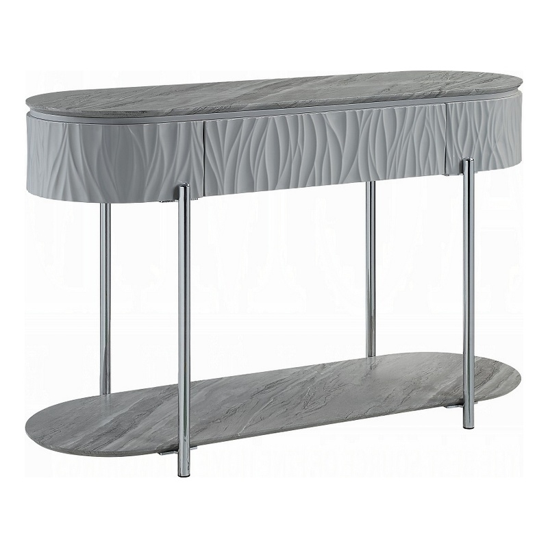 Doug Sofa Table-Gray High Gloss Wood-Drawers-Chrome Metal-47 Inch