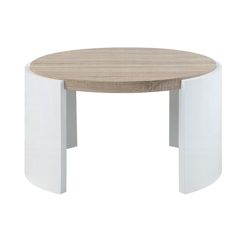 Romani Coffee Table-White High Gloss Wood-Brown Top-Round 33 Inch
