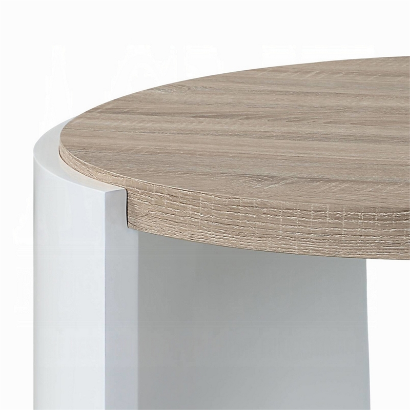 Romani Coffee Table-White High Gloss Wood-Brown Top-Round 33 Inch