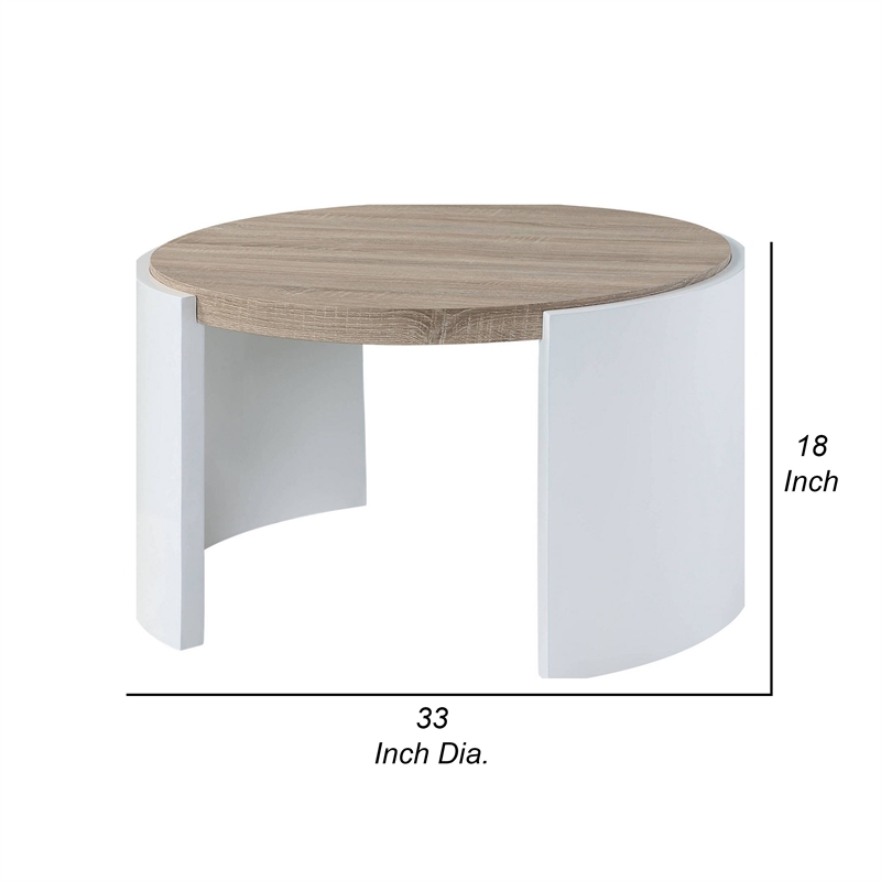 Romani Coffee Table-White High Gloss Wood-Brown Top-Round 33 Inch