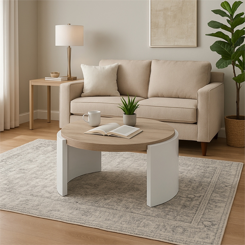 Romani Coffee Table-White High Gloss Wood-Brown Top-Round 33 Inch