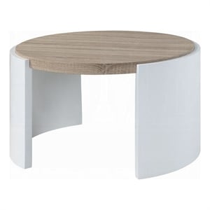 Romani Coffee Table-White High Gloss Wood-Brown Top-Round 33 Inch