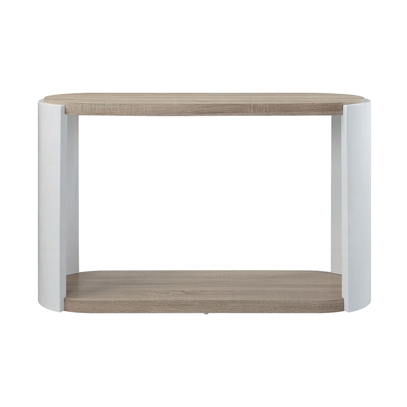 Romani Sofa Console Table-White High Gloss Wood-Brown-Oval 47 Inch