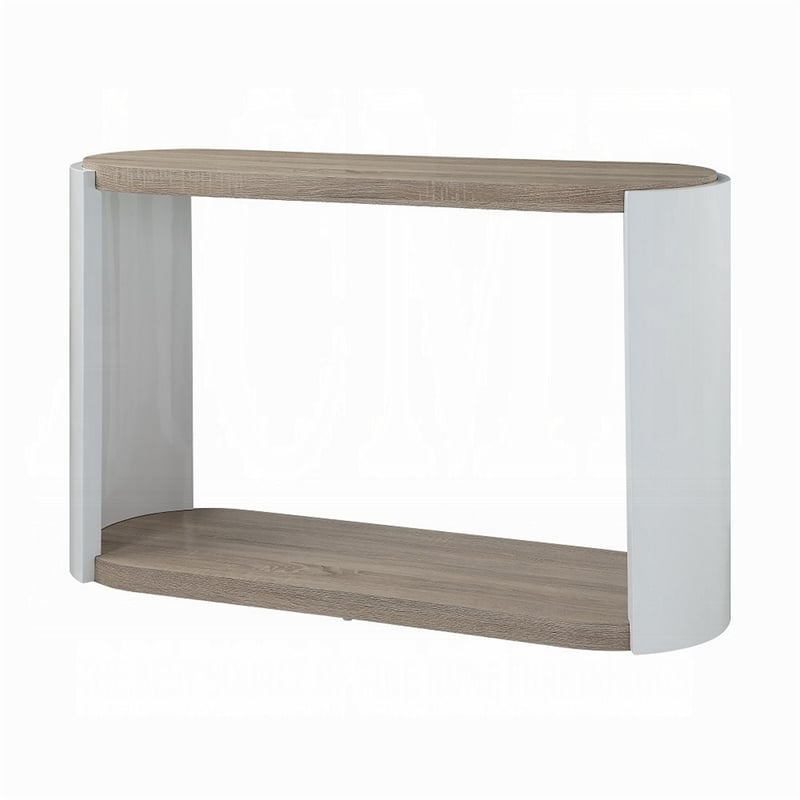 Romani Sofa Console Table-White High Gloss Wood-Brown-Oval 47 Inch