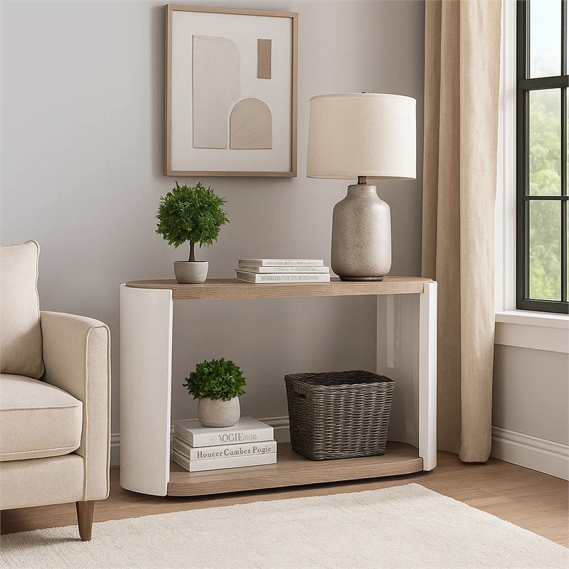 Romani Sofa Console Table-White High Gloss Wood-Brown-Oval 47 Inch