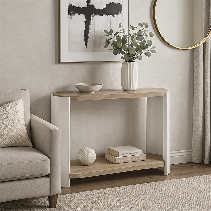 Romani Sofa Console Table-White High Gloss Wood-Brown-Oval 47 Inch