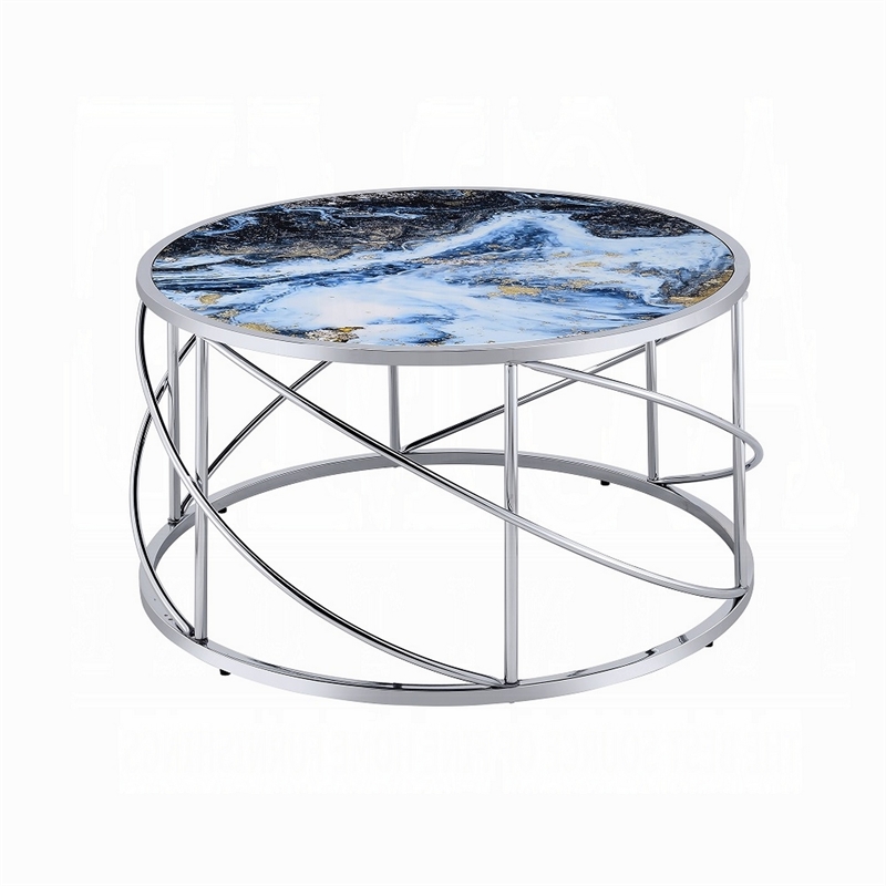Shira Round Coffee Table-33 Inch-Open Chrome Base-Blue Faux Marble