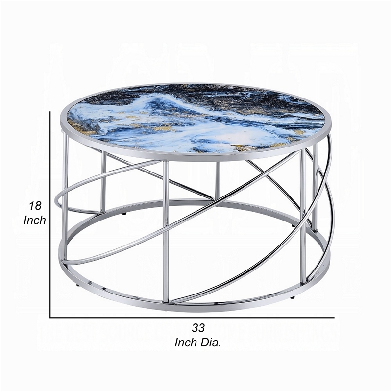Shira Round Coffee Table-33 Inch-Open Chrome Base-Blue Faux Marble