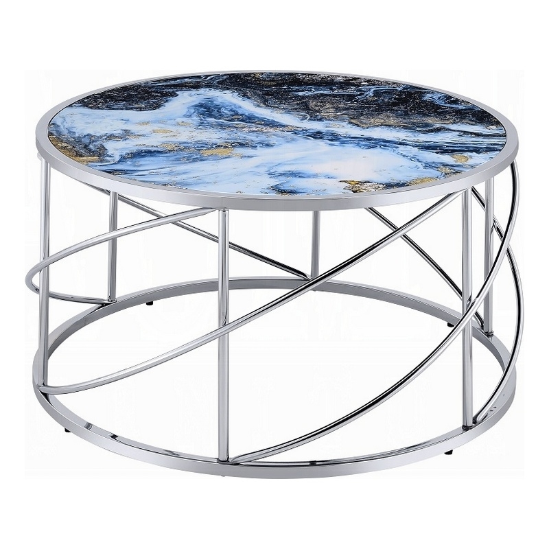 Shira Round Coffee Table-33 Inch-Open Chrome Base-Blue Faux Marble