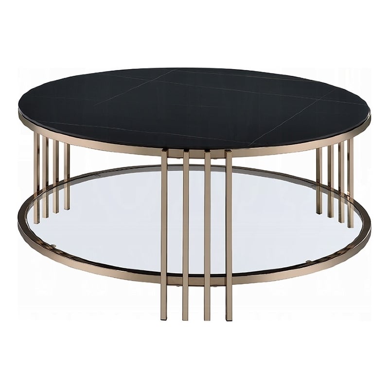Abio Coffee Table-35 Inch-Round Sintered Stone Top-Black and Gold