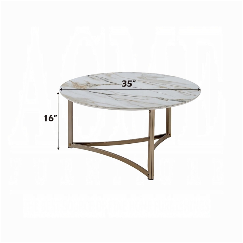 Acor Coffee Table-35 Inch-Round Sintered Stone Top-White and Gold