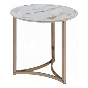 Acor Side End Table-24 Inch-Round Sintered Stone Top-White and Gold