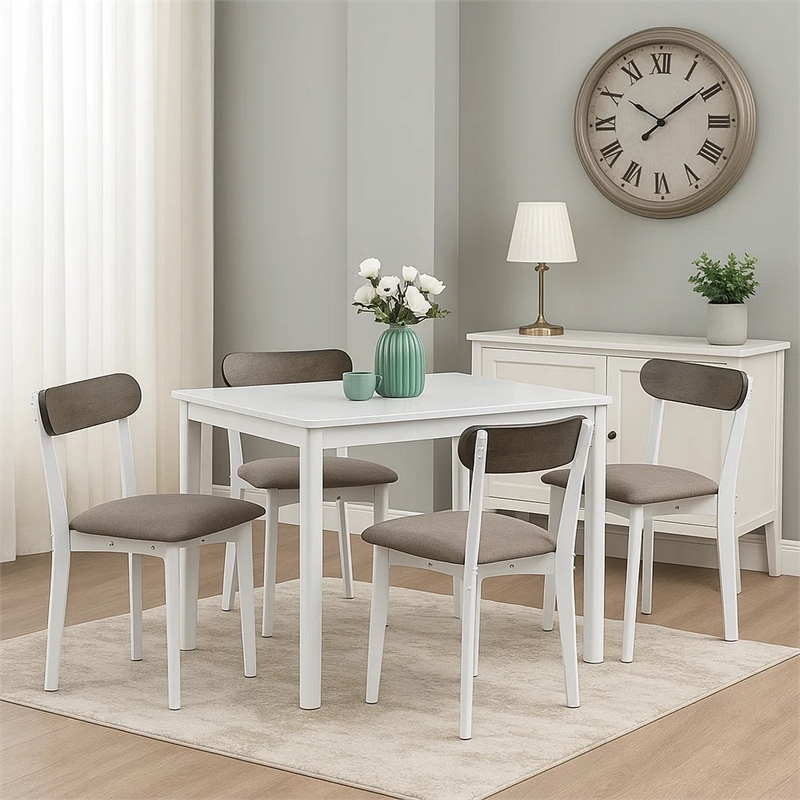 Ideli 5 Piece Dining Table Set with 4 Chairs-Brown Linen-White Wood