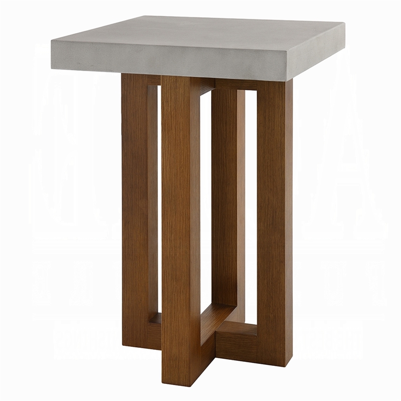 Joshua End Table-Gray Faux Concrete Top-Walnut Brown Wood-16 Inch