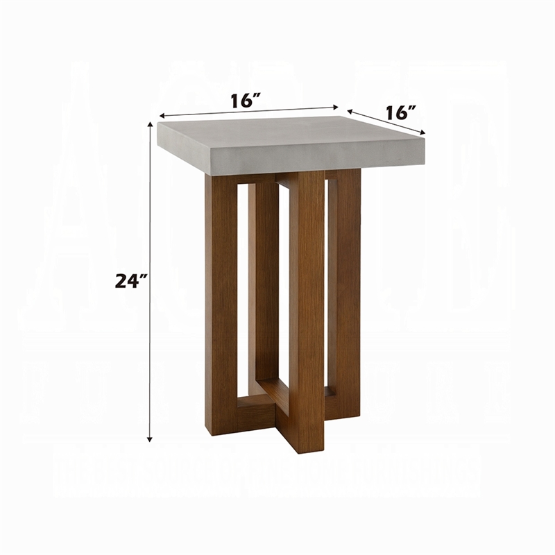 Joshua End Table-Gray Faux Concrete Top-Walnut Brown Wood-16 Inch