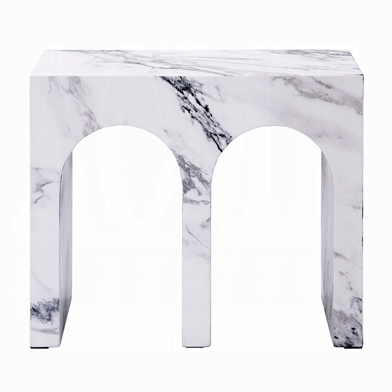 Ritzy Side End Table-White Faux Stone-Modern Arch Design 22 Inch