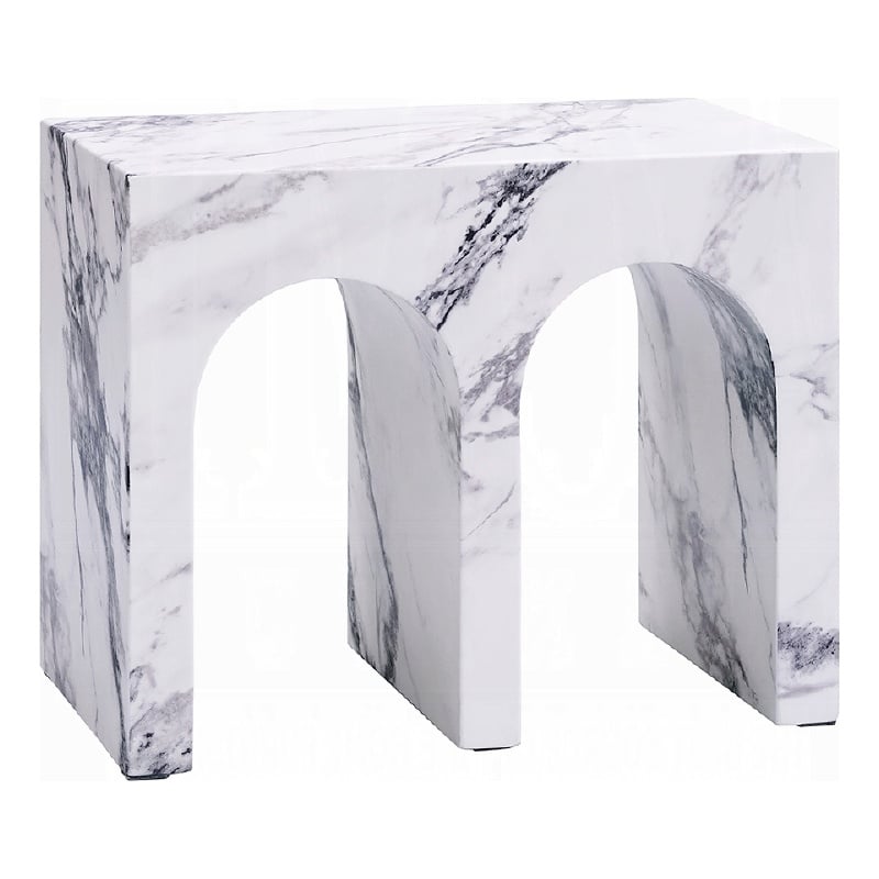 Ritzy Side End Table-White Faux Stone-Modern Arch Design 22 Inch