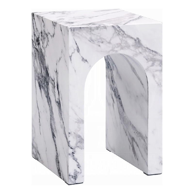 Ritzy End Table-White Marble Faux Stone Single Arch Design 12 Inch