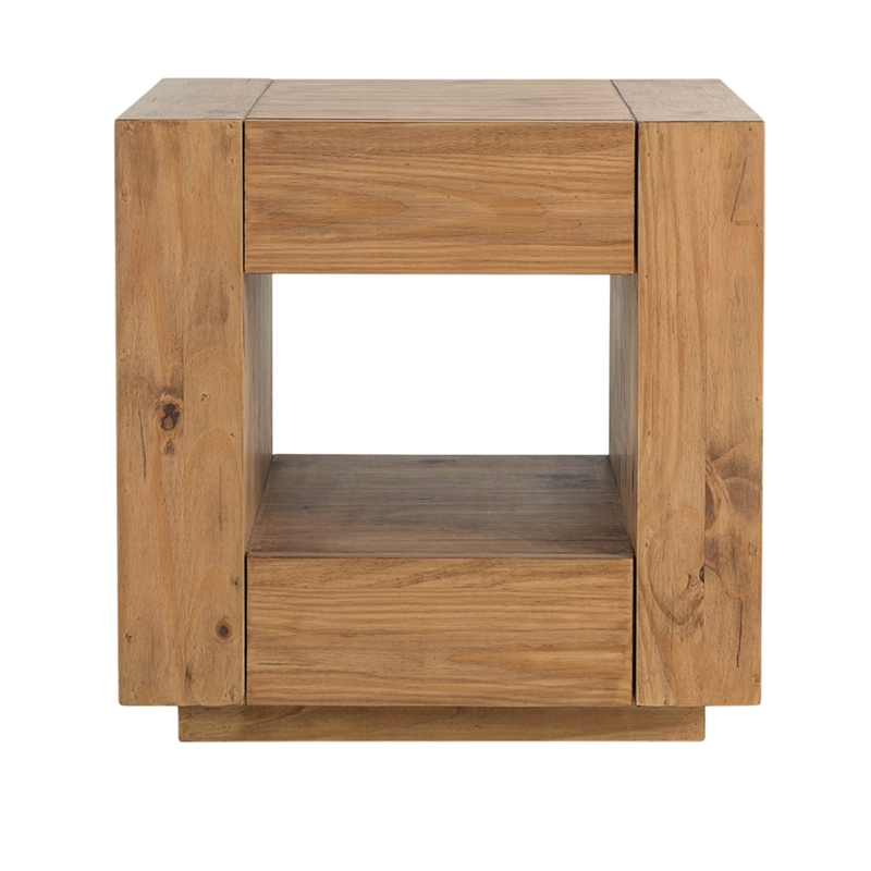 Ayma End Table-1 Inner Shelf-Drawers-Brown Oak Wood Frame-24 Inch