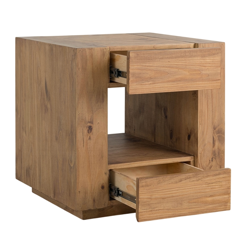 Ayma End Table-1 Inner Shelf-Drawers-Brown Oak Wood Frame-24 Inch