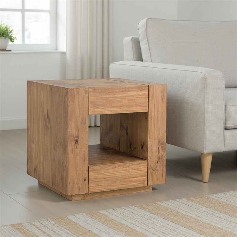 Ayma End Table-1 Inner Shelf-Drawers-Brown Oak Wood Frame-24 Inch